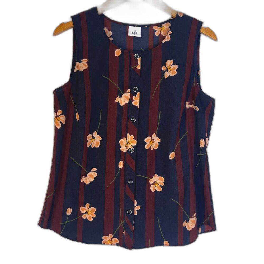 Cabi Navy Blue Burgundy Striped Floral Print Sleeveless Polyester Blouse Small